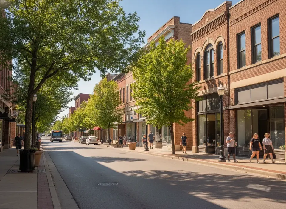 Brick commercial buildings with flat roofs in a downtown street