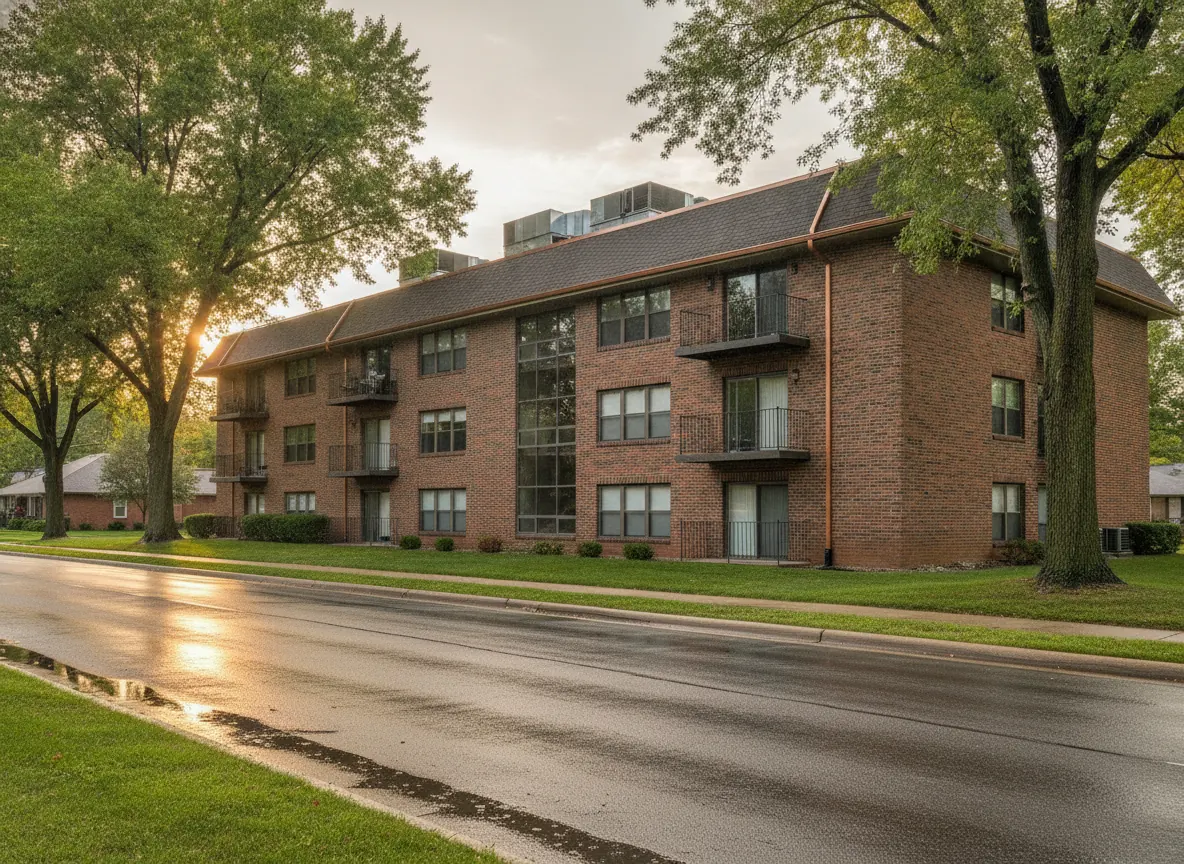 Illustration of a three-story brick condominium building with a flat roof and rooftop units under a clearing Midwest sky.