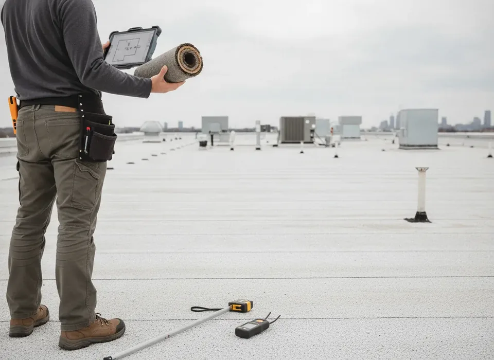 Inspector checking a flat commercial roof with a tablet