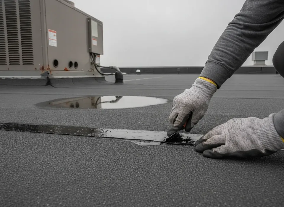 Roofer patching a seam on a flat commercial roof