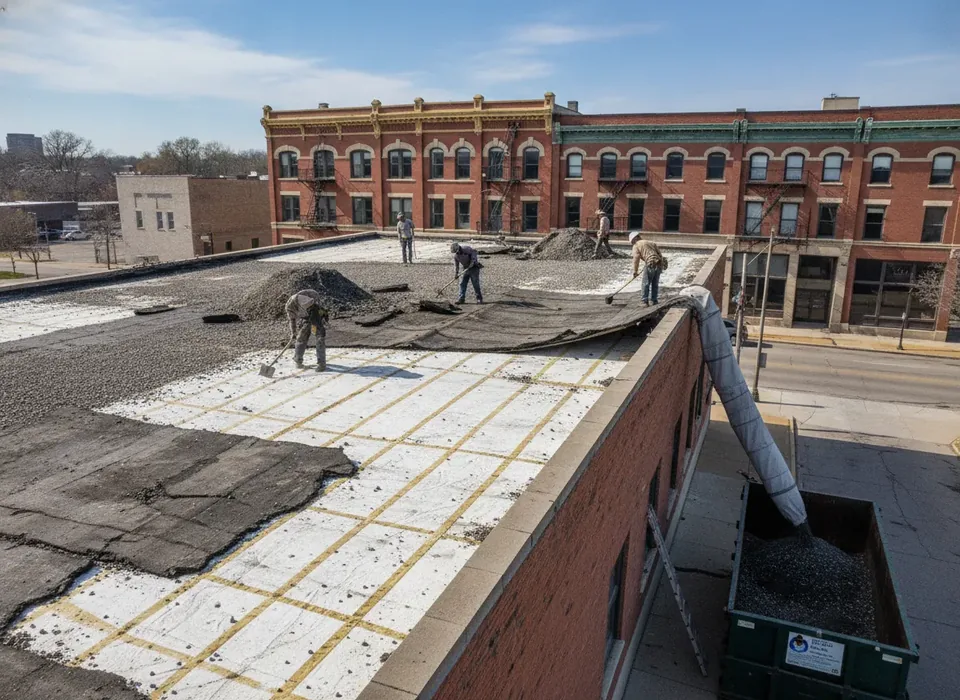 Old built-up roof being torn off a commercial building