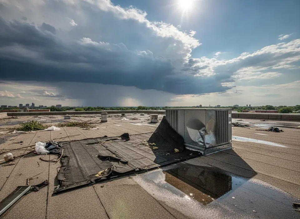 Storm-damaged flat commercial roof with torn membrane